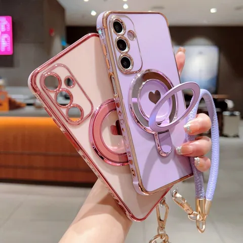 Funda de Teléfono con Cordón y Soporte Magnético de Corazón Lateral Galvanizado Para Samsung Galaxy A56 A36 A15 A55 A54 A52 A35 A34 A33 A25 A26 A24 A23 A16 A14 Cubierta Protectora de Silicona Antigolpes