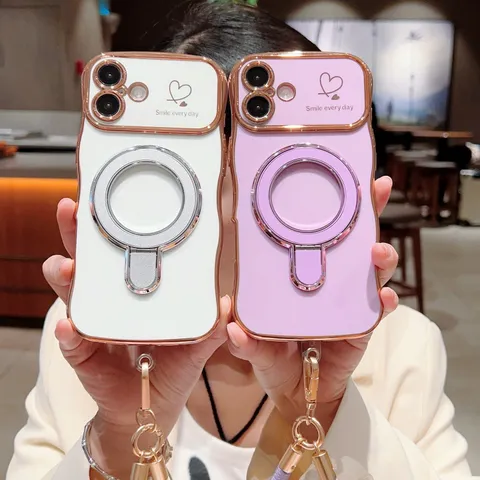 Funda de Teléfono Corazón de Onda Galvanizada Con Soporte de Ventana Grande y Cordón Para iPhone 17 16 15 14 13 12 11 Pro Max Plus Cubierta de Silicona Antigolpes