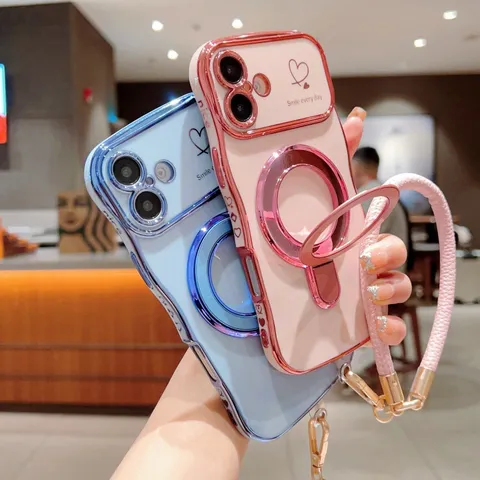 Funda de Teléfono Corazón de Onda Galvanizada Con Soporte de Ventana Grande y Cordón Para iPhone 17 16 15 14 13 12 11 Pro Max Plus Cubierta de Silicona Antigolpes