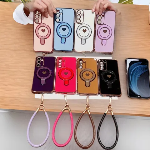 Funda de Teléfono con Cordón y Soporte Magnético de Corazón Lateral Galvanizado Para Samsung Galaxy A56 A36 A15 A55 A54 A52 A35 A34 A33 A25 A26 A24 A23 A16 A14 Cubierta Protectora de Silicona Antigolpes