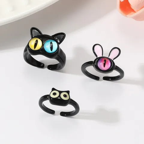 Cute Funny Black Cat Monster Open Adjustable Rings For Women Fashion Animal Finger Ring Zinc Alloy Drip Oil Jewelry