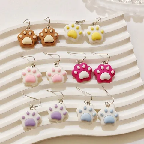 Sweet Dopamine Colorful Cat Paw Dangle Earrings Creative Plastic Resin Cartoon Animal Paw Drop Earrings For Women Girls Jewelry