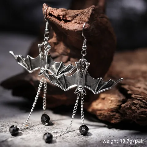 Dark Gothic Bat Earrings Alloy Rhinestone Waterdrop Tassel Dangle Earrings For Halloween Party Women Exaggerated Punk Jewelry