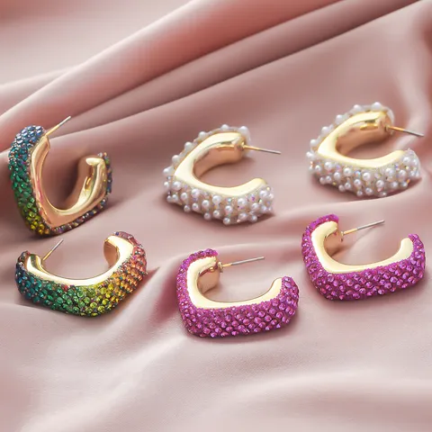 Geometric Square Stud Earrings With Rhinestone Artificial Pearl Inlaid Shiny Alloy Gold Plated Fashion Jewelry For Women
