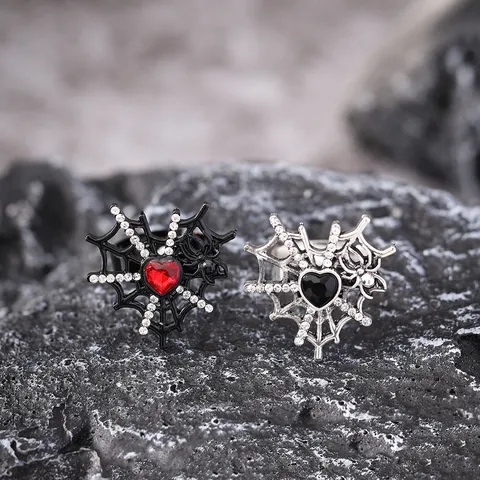 Halloween Gothic Spider Web Heart Rhinestone Ring Personalized Bat Open Finger Ring Alloy Punk Dark Style Jewelry For Women