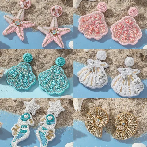 Boho Beach Glass Bead Starfish Seahorse Seashell Drop Earrings For Women Luxury Alloy Rhinestone Artificial Pearl Vacation Summer Earrings