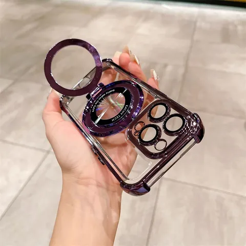 Funda de Teléfono con Soporte Magnético Transparente Galvanizado para Serie iPhone Cubierta Antigolpes Compatible con MagSafe Protección de Lente