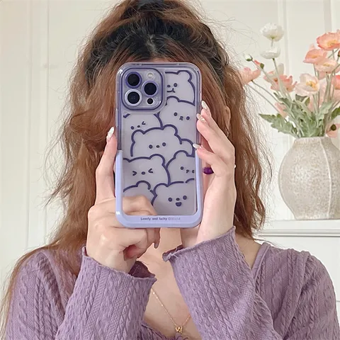 Süße Lila Linienbär Handyhülle Mit Verstecktem Klappständer Antifall Silikon Soft Stoßfeste Rückseite Für iPhone