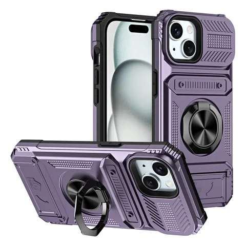 Funda de Teléfono Magnética Antigolpes Negocios Con Porta Tarjetas Soporte Anillo Protección Lente Deslizante Armadura