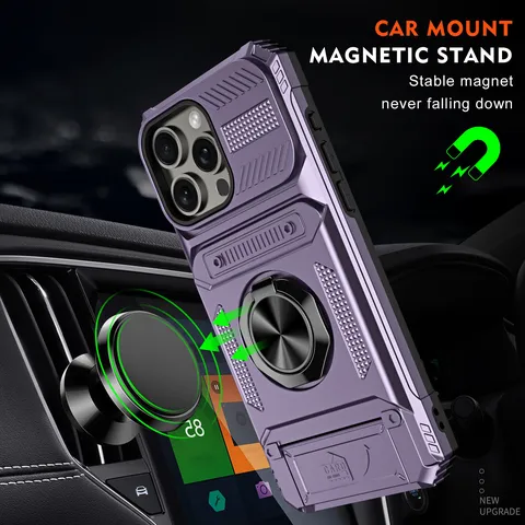 Funda de Teléfono Magnética Antigolpes Negocios Con Porta Tarjetas Soporte Anillo Protección Lente Deslizante Armadura