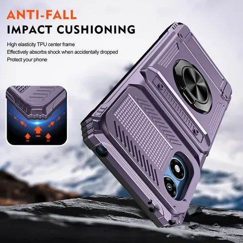 Multifunctional TPU PC Armor Phone Case With Ring Kickstand Card Slot Sliding Camera Cover Shockproof Protective Shell For Moto