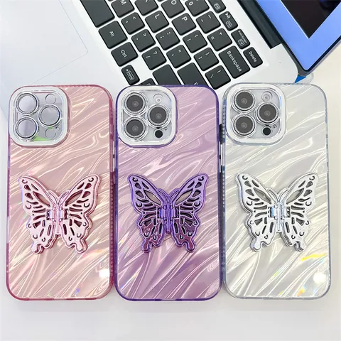 Electroplated Glitter Phone Case With Butterfly Stand And Glass Lens Film Ripple Shell Soft TPU Shockproof Case Cover