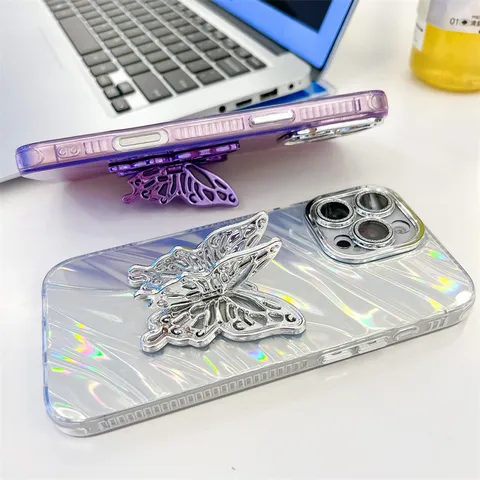 Electroplated Glitter Phone Case With Butterfly Stand And Glass Lens Film Ripple Shell Soft TPU Shockproof Case Cover