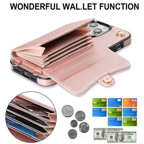 Funda Monedero RFID Bandolera Para iPhone 16 Pro Max Samsung S25 Plus Piel Sintética Porta Tarjetas Cremallera Correa