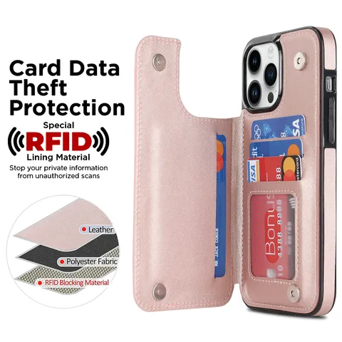 Quilted TPU Wallet Phone Case With Card Slots Kickstand Magnetic Closure Double Button Shockproof Protective Cover