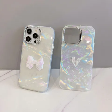 Electroplated Shell Texture Phone Case Heart Bowknot 3D Shockproof TPU Cover For iPhone 17 16 15 14 13 12 11 Pro Max Plus Luxury Ins Style Shell Protective Case