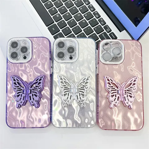 Electroplated Glitter Crinkled Foil Pattern Phone Case With Metal Butterfly Stand Lens Film Full Coverage Shockproof Silicone Case For IPhone Samsung