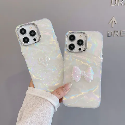 Electroplated Shell Texture Phone Case Heart Bowknot 3D Shockproof TPU Cover For iPhone 17 16 15 14 13 12 11 Pro Max Plus Luxury Ins Style Shell Protective Case