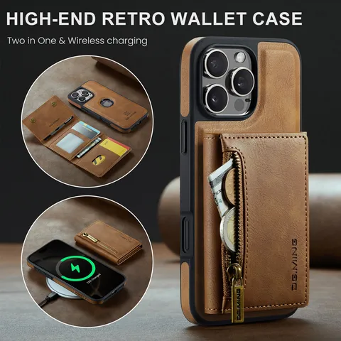 Retro PU Lederen Magnetische Telefoonhoes Met Afneembare Rits Portemonnee Kaartsleuven Trifold Cover Voor Apple Samsung Pixel