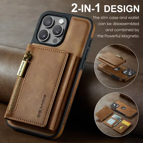 Retro PU Lederen Magnetische Telefoonhoes Met Afneembare Rits Portemonnee Kaartsleuven Trifold Cover Voor Apple Samsung Pixel