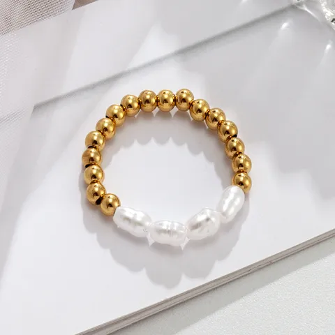 Anello Elastico di Perle d'Acqua Dolce Naturali di Lusso Acciaio al Titanio Placcato Oro 14K Anello Elastico Elegante Gioielli Donna
