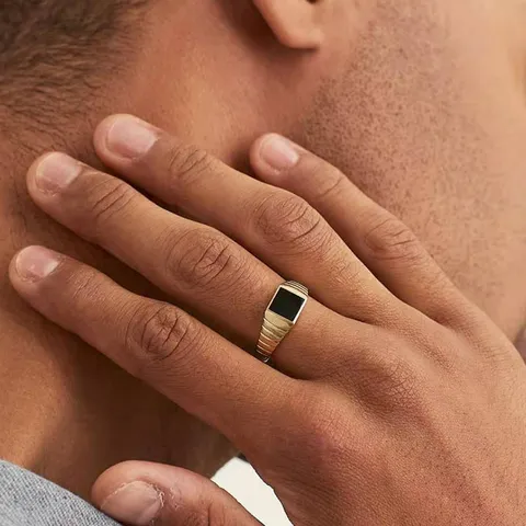 Chevalière Rectangle Géométrique en Acier Titane Rétro Hip Hop Plaqué Or Texture Rainurée Bague Perle Artificielle pour Femmes Hommes Bijoux Fête
