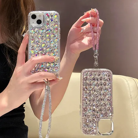 Coque De Téléphone Strass de Luxe Pour iPhone 16 Pro Max 15 14 13 12 Cadre Électroplaqué Couverture Antichute Avec Bracelet