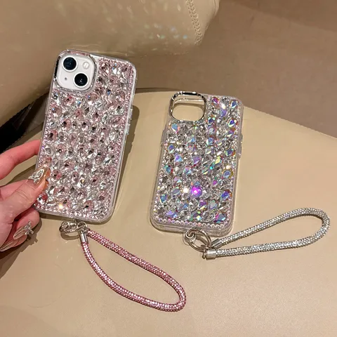 Coque De Téléphone Strass de Luxe Pour iPhone 16 Pro Max 15 14 13 12 Cadre Électroplaqué Couverture Antichute Avec Bracelet