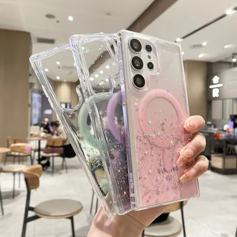 Starry Glitter Gradient Silicone Phone Case With Magnetic Ring Shockproof Protective Cover For Apple iPhone Samsung Galaxy