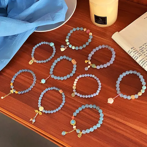 Sweet Mori Girl Aquamarine Beaded Bracelet Delicate Lily of the Valley Cat Paw Pendant Handcrafted Crystal Hand Jewelry for Women