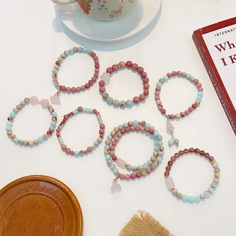 Fresh Sweet Shoushan Stone Rose Quartz Beaded Bracelet For Women Mori Girl Style Strawberry Quartz Rhodochrosite Lotus Pod Gourd Pendant Charms Bracelet Gift