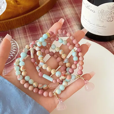 Fresh Sweet Shoushan Stone Rose Quartz Beaded Bracelet For Women Mori Girl Style Strawberry Quartz Rhodochrosite Lotus Pod Gourd Pendant Charms Bracelet Gift