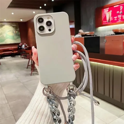 Solid Color Matte Silicone Crossbody Phone Case With Removable Acrylic Resin Chain Lanyard For Apple iPhone Shockproof Protective Cover