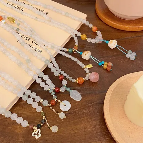 Chinese Style Tianshan Green Jade Beaded Multi Layer Bracelet Elegant Lucky Cat Peach Pendant Bracelet For Women Fine Jewelry