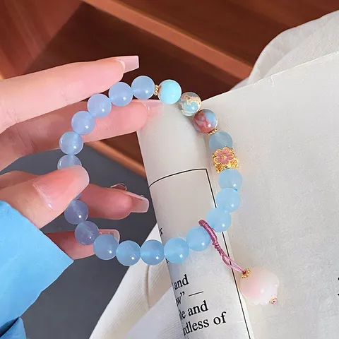 Sweet Mori Girl Aquamarine Beaded Bracelet Delicate Lily of the Valley Cat Paw Pendant Handcrafted Crystal Hand Jewelry for Women
