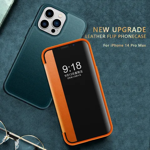 Veganistisch Lederen Flip Telefoonhoesje Voor iPhone 17 16 15 14 13 12 11 Pro Max Plus Smart View Kunstleren Wallet Cover Zakelijke Volledige Bescherming Schokbestendig