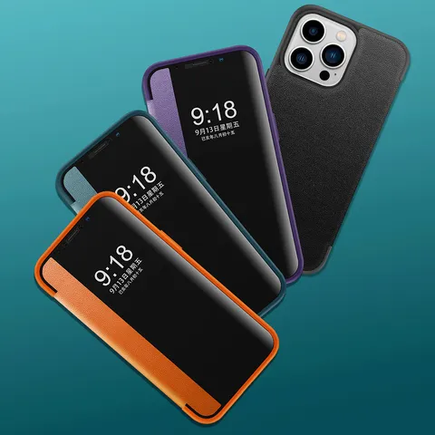 Veganistisch Lederen Flip Telefoonhoesje Voor iPhone 17 16 15 14 13 12 11 Pro Max Plus Smart View Kunstleren Wallet Cover Zakelijke Volledige Bescherming Schokbestendig