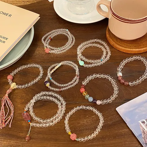 New Chinese Vintage White Crystal Beaded Bracelet Sweet Fresh Multi Layer Multicolor Precious Stones Tassel Pi Xiu Hand Chain For Women Gift Jewelry
