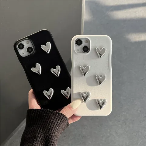 Luxury Litchi Texture Phone Case With 3D Silver Metallic Heart Decor For iPhone Protective Shockproof Back Cover