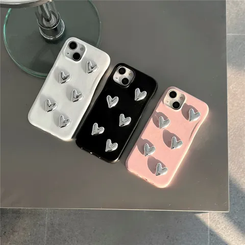 Luxury Litchi Texture Phone Case With 3D Silver Metallic Heart Decor For iPhone Protective Shockproof Back Cover