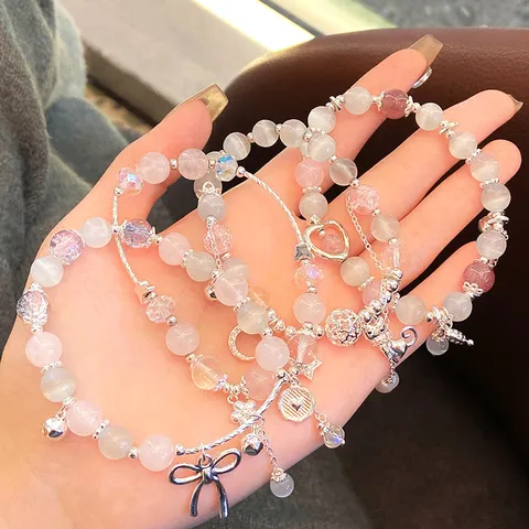 Sweet Pink Cat Eye Stone Glass Beads Beaded Charm Bracelet Handmade Electroplated Copper Jewelry Bowknot Cat Heart Pendant Bracelet For Girls Women