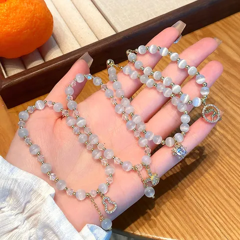 Sweet Artificial Cat Eye Stone Beaded Bracelet With Copper Alloy Charm Rhinestone Adjustable Bracelet For Women Student Birthday Jewelry Gift