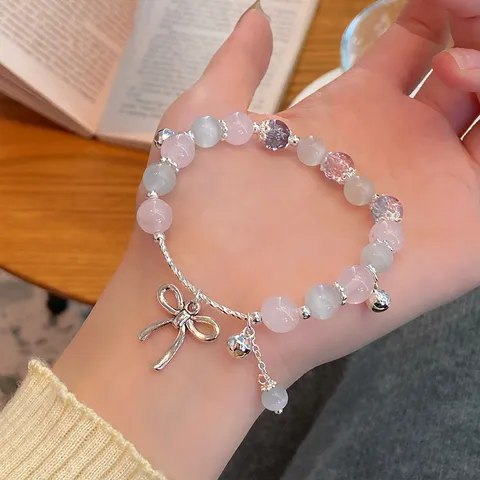 Sweet Pink Cat Eye Stone Glass Beads Beaded Charm Bracelet Handmade Electroplated Copper Jewelry Bowknot Cat Heart Pendant Bracelet For Girls Women