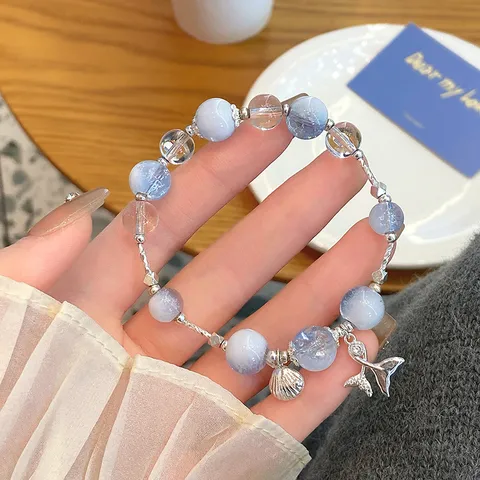 Chinese Style Vintage Blue Artificial Crystal Beads Bracelet With Cat Fish Tail Pendant Artificial Pearl Charms For Women Teens Daily Jewelry Gift