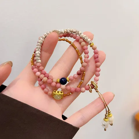 Brazalete Multicapa de Cuentas de Semilla de Bodhi y Rodocrosita Estilo Neochino Vintage Con Borla de Flor para Mujer
