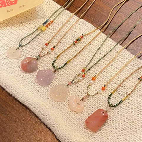 Chinese Style Natural Agate Stone Pendant Necklace Handmade Woven Rope Adjustable Length Maitreya Buddha Ping An Kou Clavicle Chain Necklace For Women Retro Holiday Gift