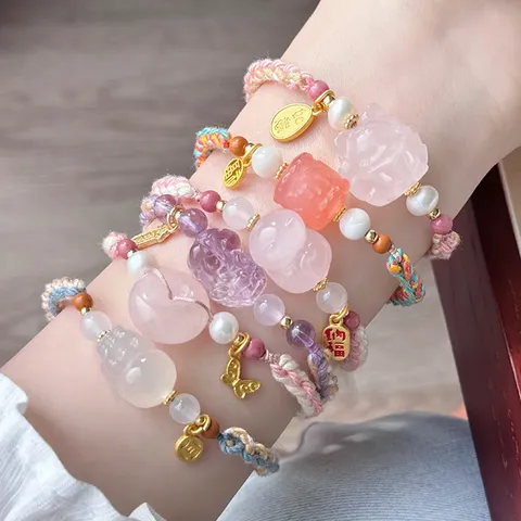 Handmade Woven Adjustable Cord Bracelet Sweet Ethnic Style Natural Crystal Rose Quartz Amethyst PiXiu Bracelet For Women Men Daily Decoration Jewelry Gift