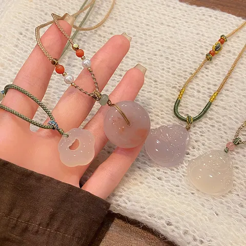 Chinese Style Natural Agate Stone Pendant Necklace Handmade Woven Rope Adjustable Length Maitreya Buddha Ping An Kou Clavicle Chain Necklace For Women Retro Holiday Gift