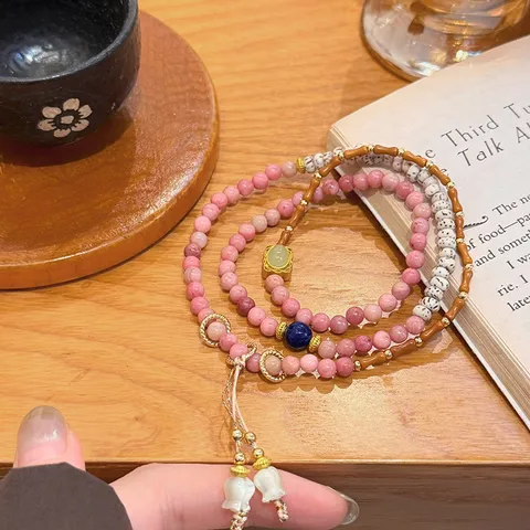 Brazalete Multicapa de Cuentas de Semilla de Bodhi y Rodocrosita Estilo Neochino Vintage Con Borla de Flor para Mujer
