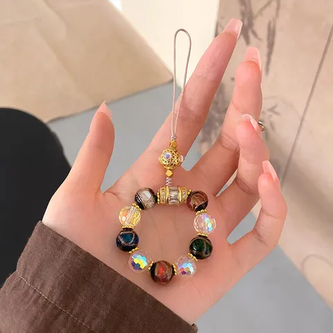 Palace Style Lotus Phone Chain Pendant Vintage Colored Glaze Agate Beads Keychain Car Bag Ornament Jewelry Gift For Women